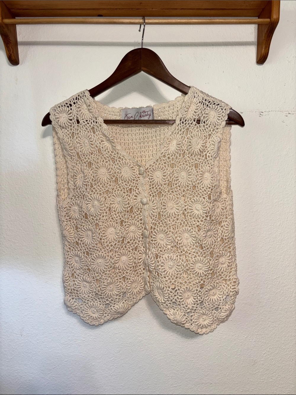 Hand Crocheted Cream Vest Feminine Knit vintage 100% cotton boho hippie style